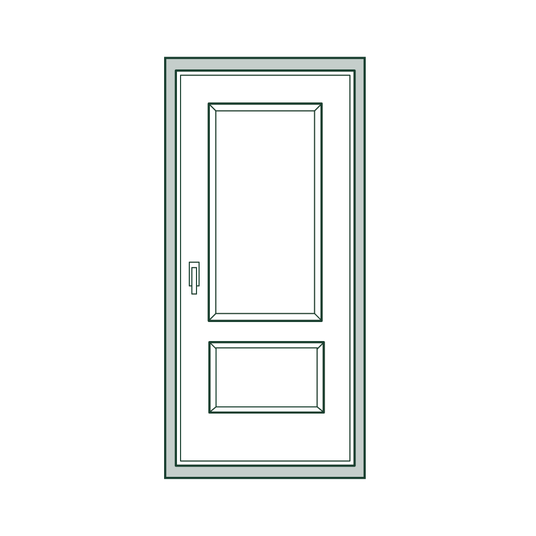 A drawing of a door with a handle on a white background.