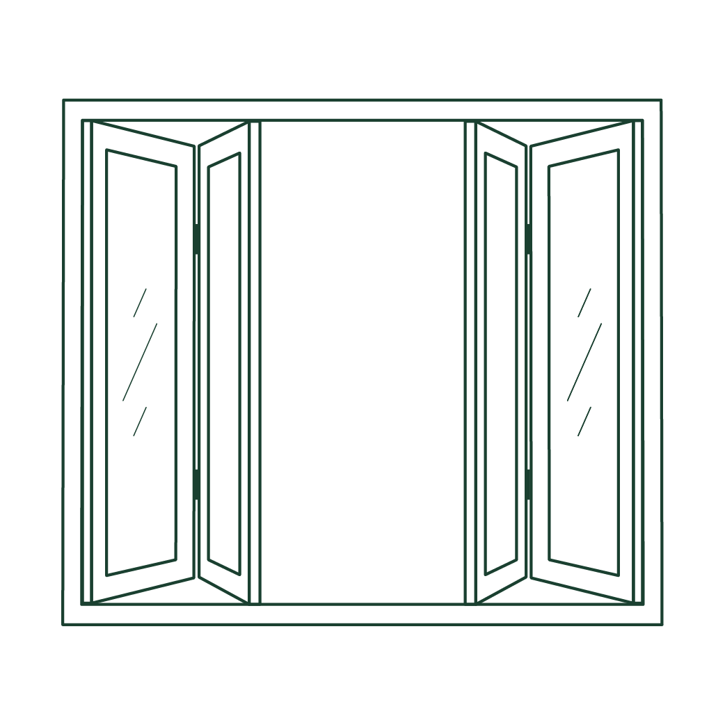 A black and white drawing of a folding glass door.