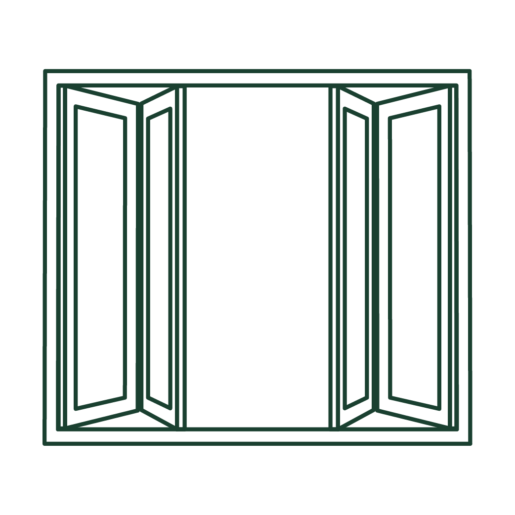 Green outline of a window with two folding panels on each side, and a central opening.