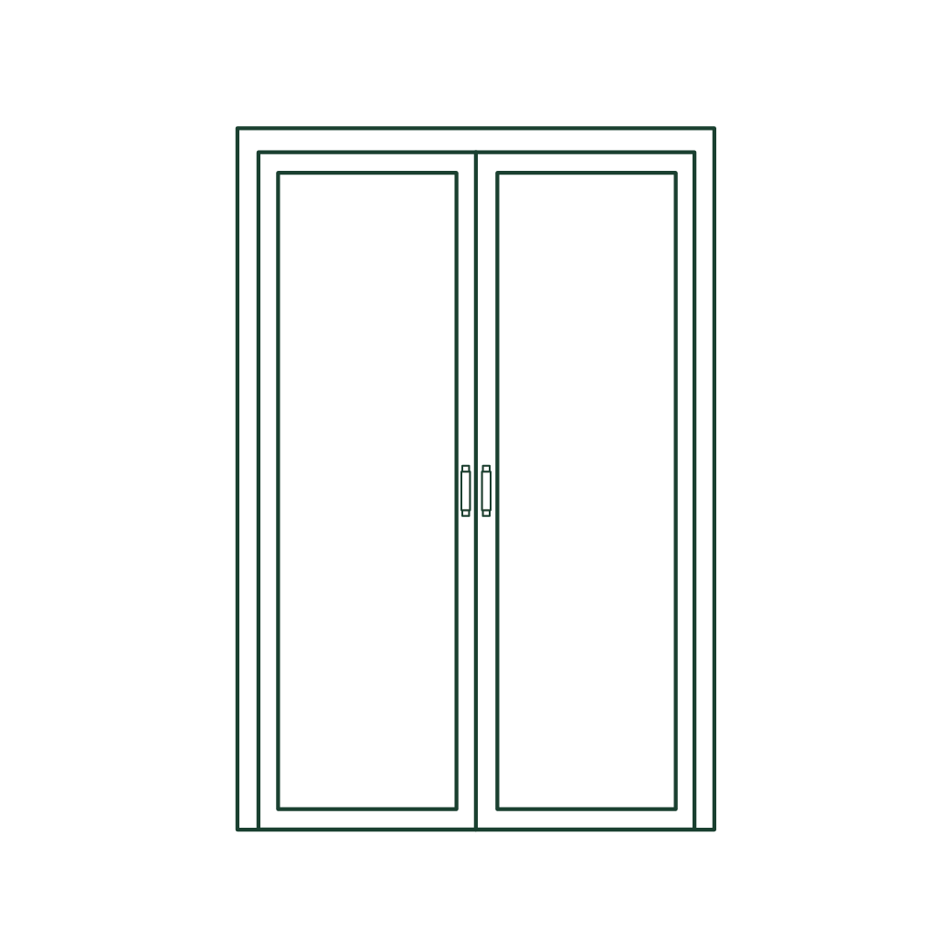 Two-paneled, glass double door with green trim and silver handles.