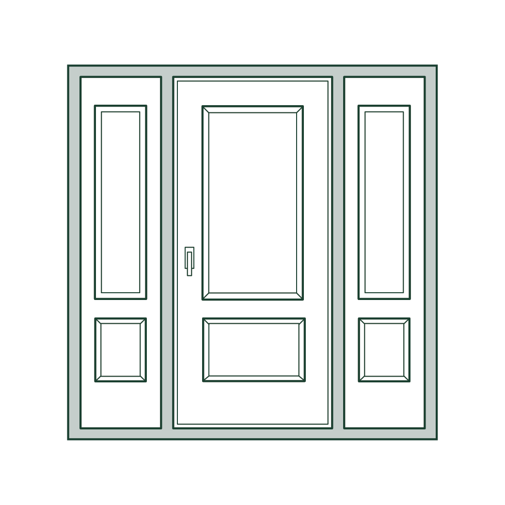 Illustrated fiberglass front door with sidelights and paneled design, centered on a plain background