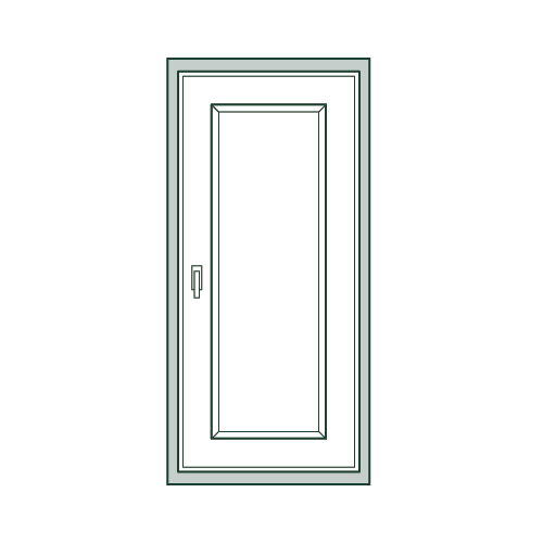 White door with a narrow rectangular window and a handle, in a white frame.