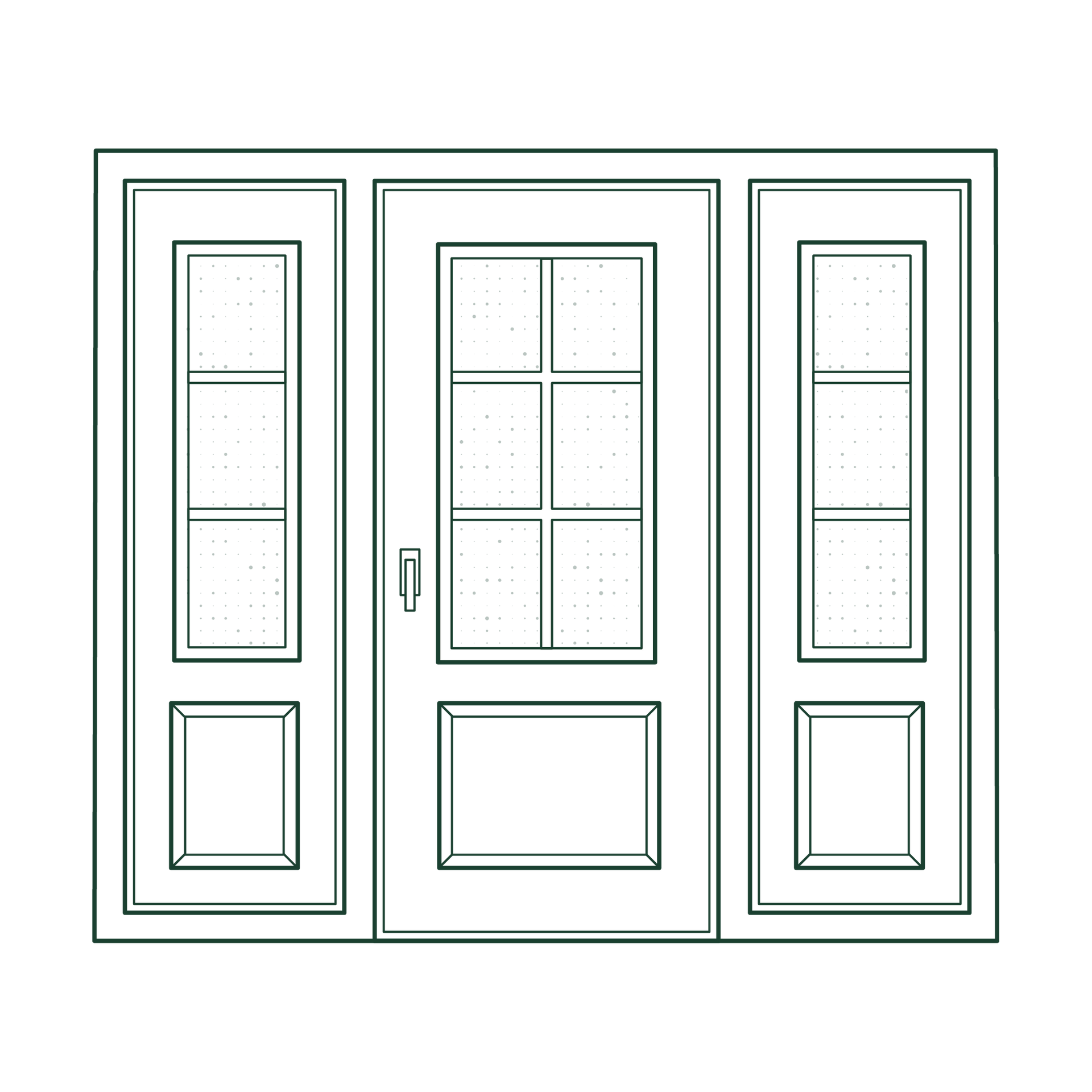 Three-panel wooden front door with glass panes and side windows, outlined in light green.