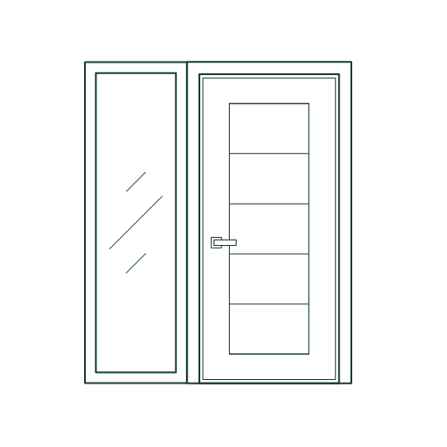 Steel door with a right-side hinged entrance and a narrow sidelight panel on the left.