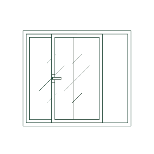 Sliding glass door with a handle and two panels, one moving.