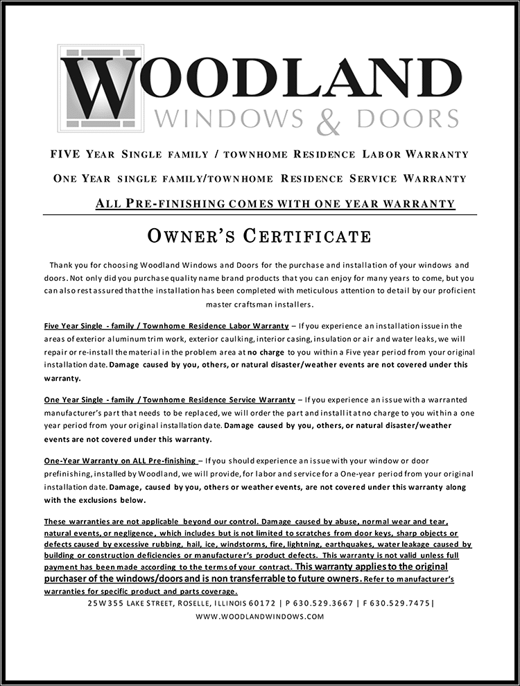 A woodland windows and doors owner 's certificate is shown.