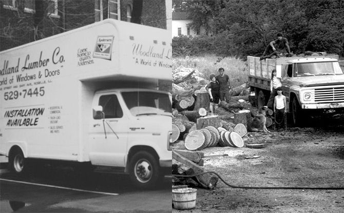 A black and white photo of a woodland lumber company truck