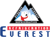 Logo for Everest Refrigeration featuring a polar bear wearing a red scarf in front of mountains with company text.