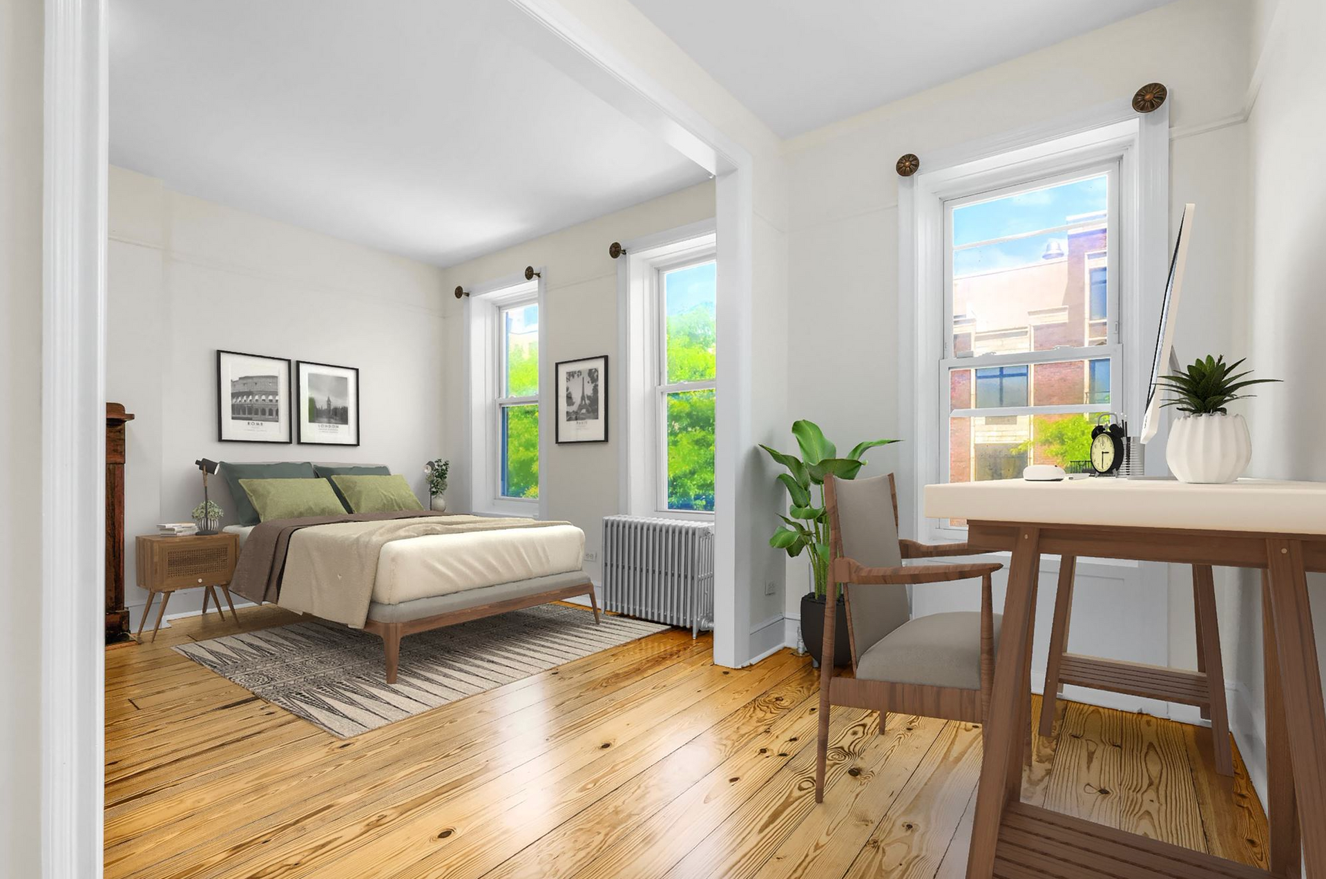 A bedroom with a bed , desk , chair and window.