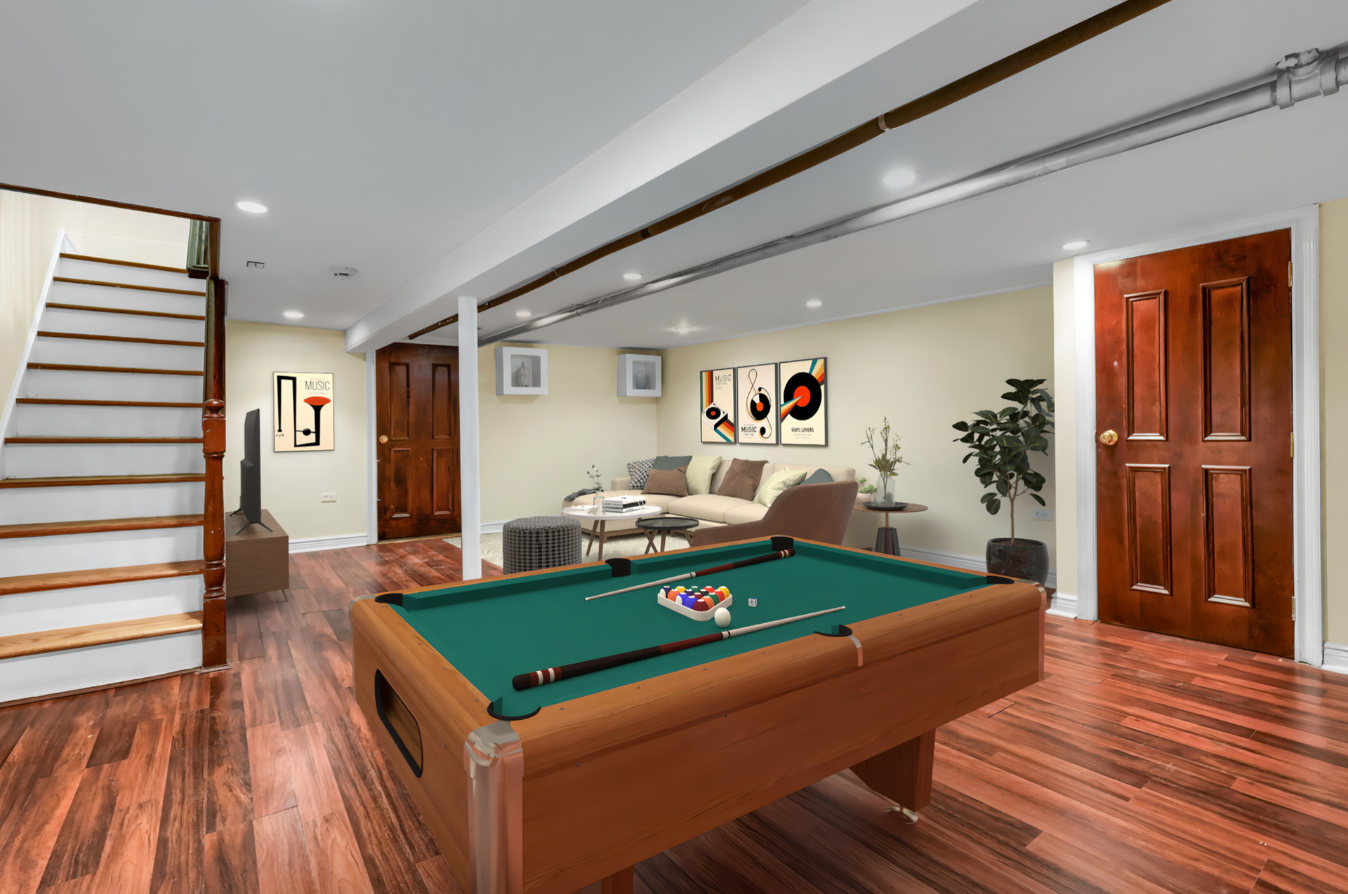 A pool table is in the middle of a living room.