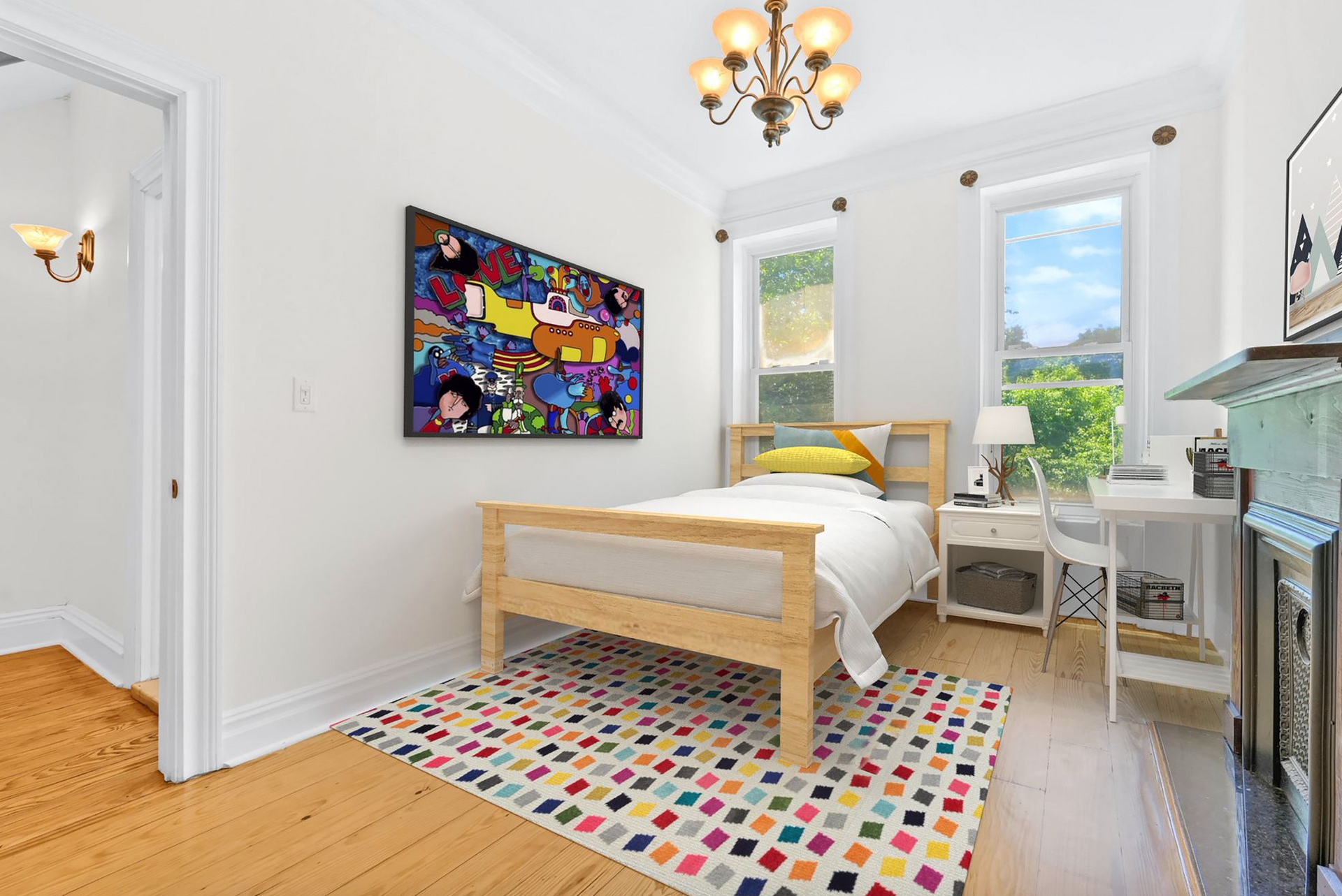 A bedroom with a bed , desk , nightstand , rug and painting on the wall.