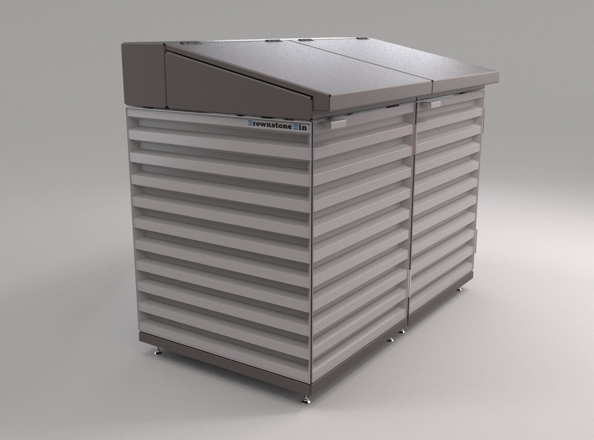 A 3d model of a metal shed with a roof