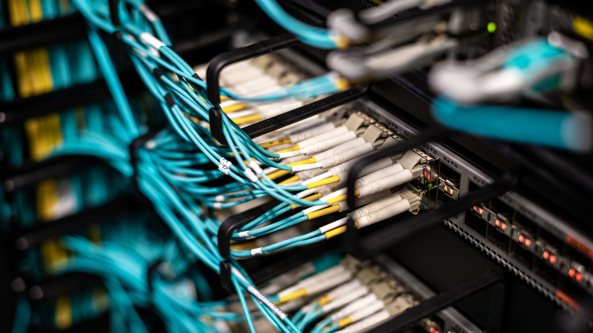 Close-up of tangled blue, white, and yellow network cables in a server rack