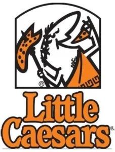 Little Caesars logo with cartoon Roman figure in orange and black above orange text