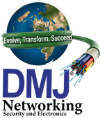 DMJ Networking logo with globe, fiber optic cable, and slogan “Evolve, Transform, Succeed”