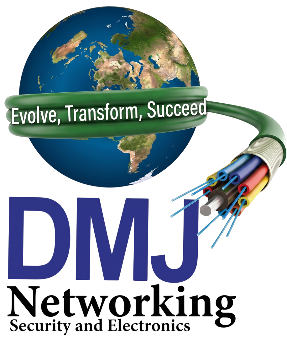 DMJ Networking logo with globe, fiber optic cable, and slogan &ldquo;Evolve, Transform, Succeed&rdquo;