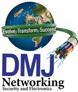 DMJ Networking logo with globe, fiber optic cable, and slogan “Evolve, Transform, Succeed”