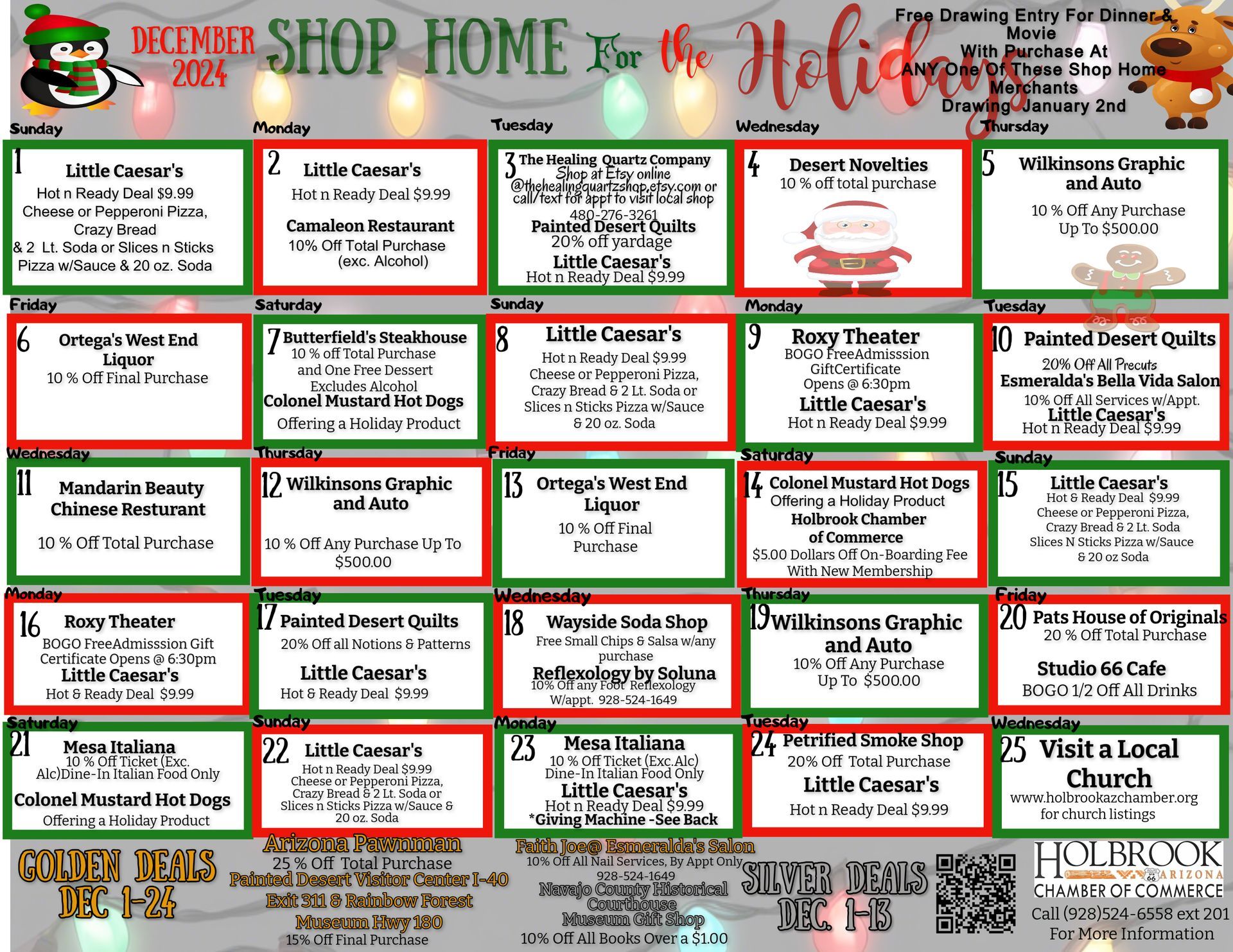 December 2024 shop local community calendar featuring daily business promotions and holiday event listings.