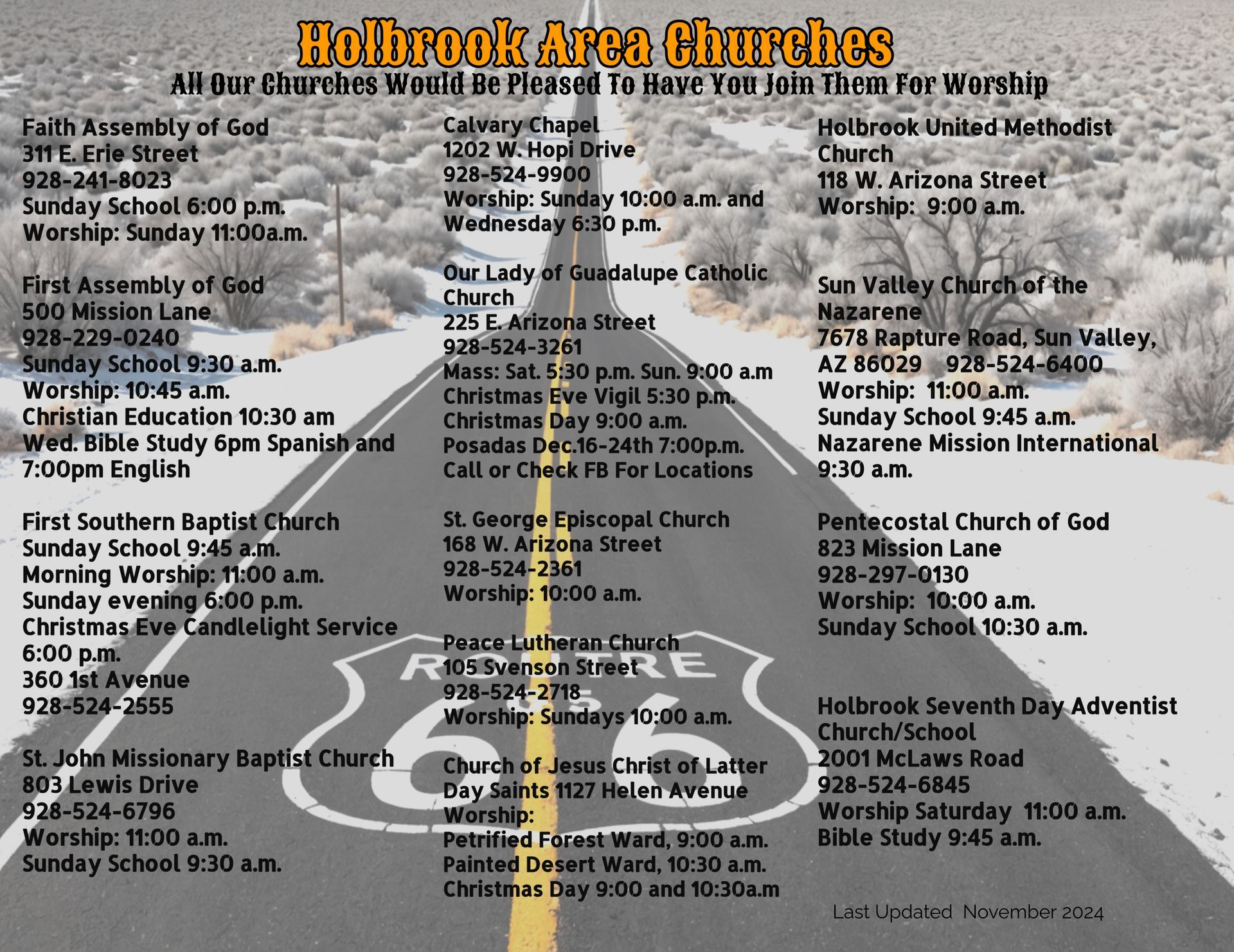 A list of Holbrook area churches with addresses, phone numbers, and service times, set against a Route 66 road background.
