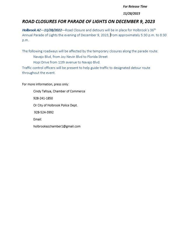 A road closure for parade of lights on december 8 , 2023
