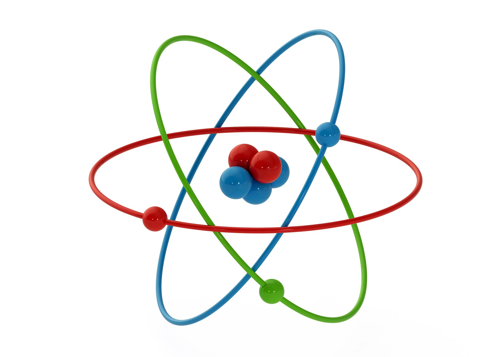 Stylized atom with red, blue, and green electron orbits around a central nucleus