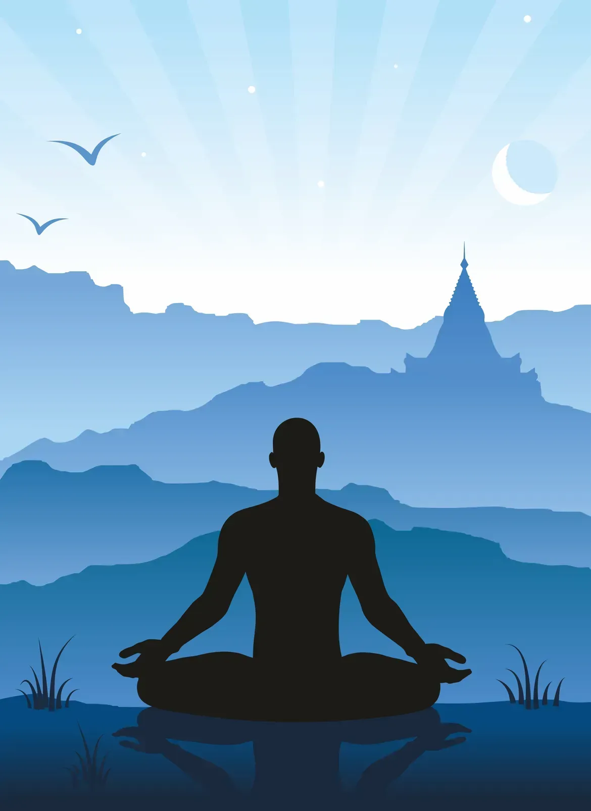 Silhouette of a person meditating at sunrise with mountains, birds, and a temple in the background