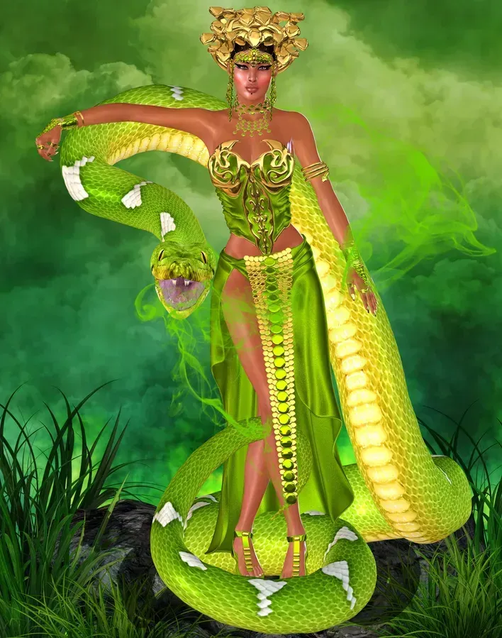 Woman in green snake-inspired costume with coiled serpents, standing in a smoky green jungle scene