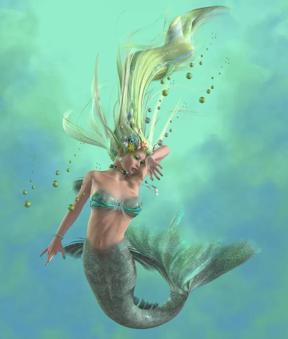 Mermaid with flowing blonde hair and teal tail swimming in a turquoise, underwater-like scene