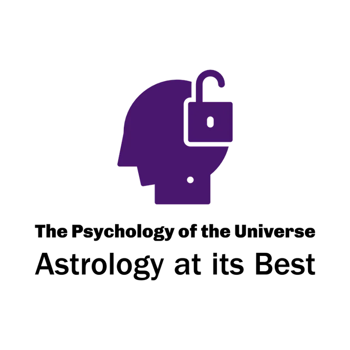 Purple head with open lock icon and text: “The Psychology of the Universe Astrology at its Best”