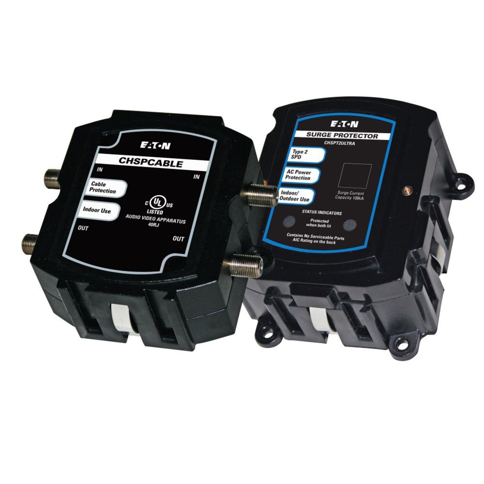 A pair of black boxes with a blue logo on them are sitting next to each other on a white background.