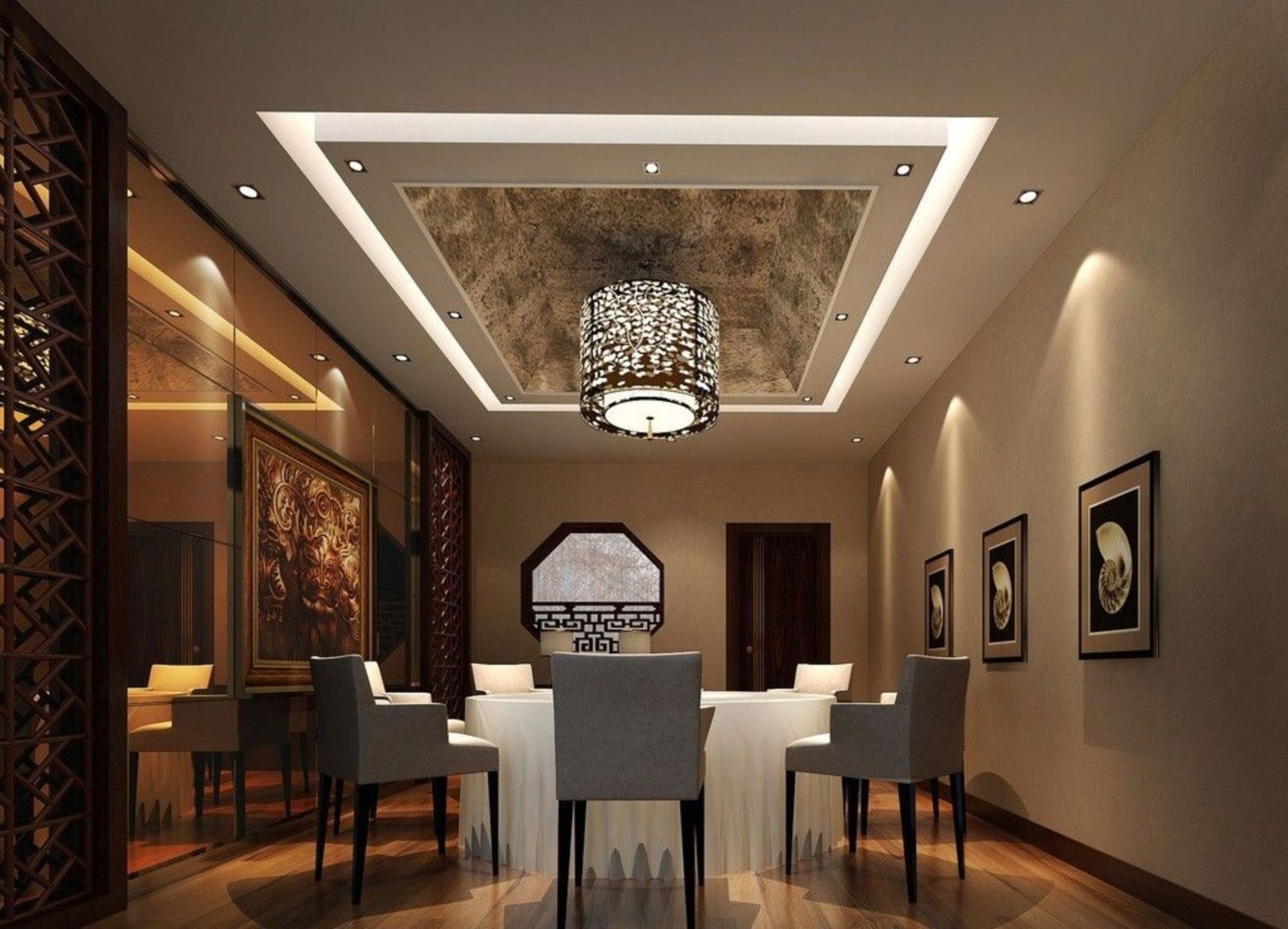 A dining room with a table and chairs and a chandelier hanging from the ceiling