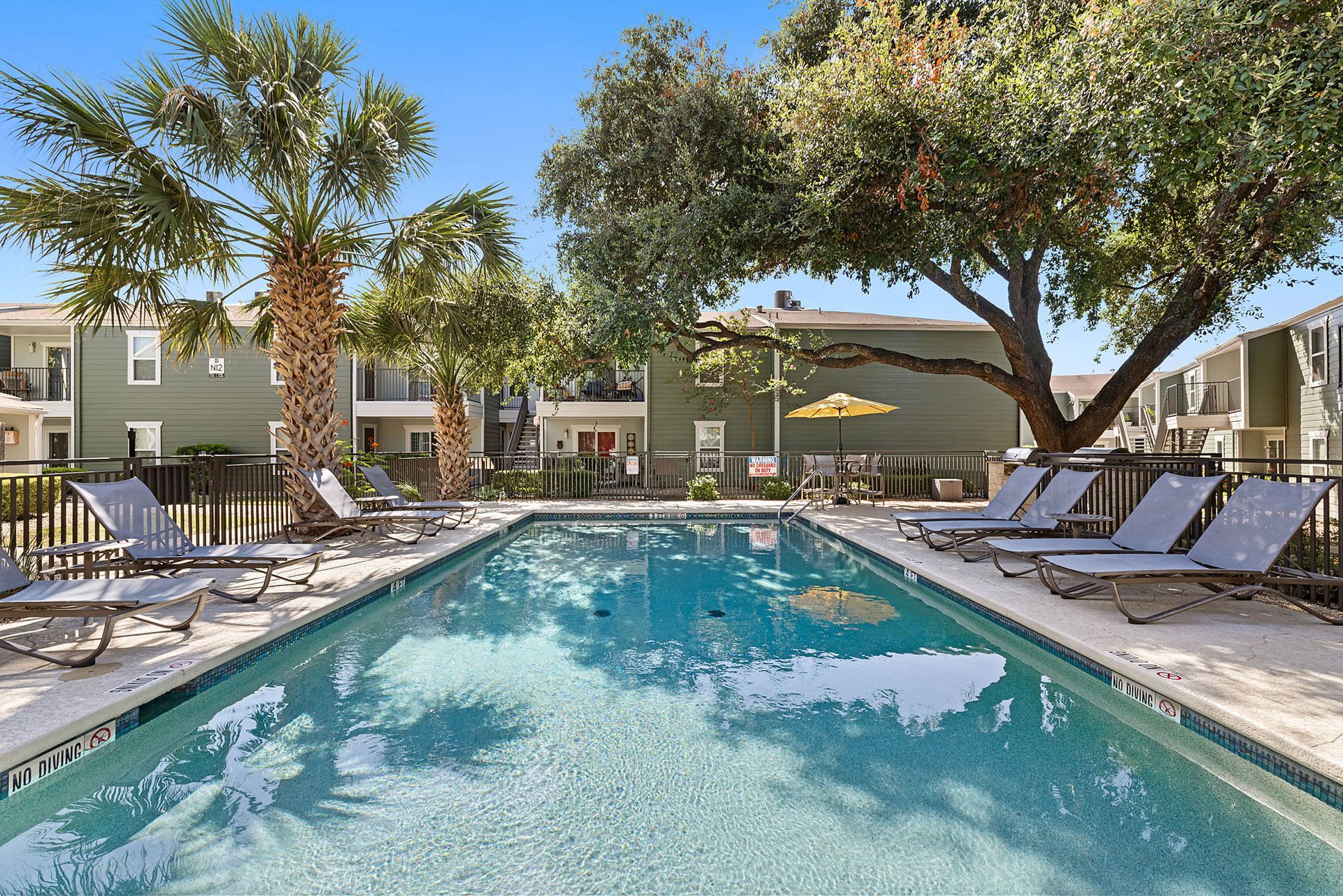 Resort-style outdoor pool with lounge chairs, palm trees, and apartment buildings in the background