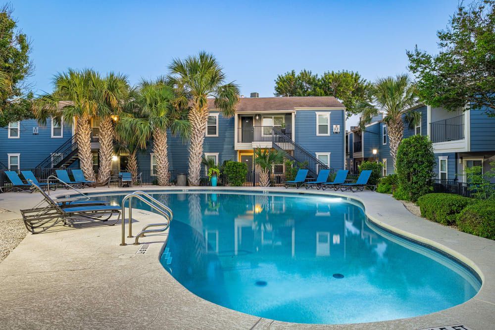 Outdoor apartment pool with blue water, lounge chairs, and palm trees on a sunny day at Austin Midtown offers apartments in North Austin, TX.