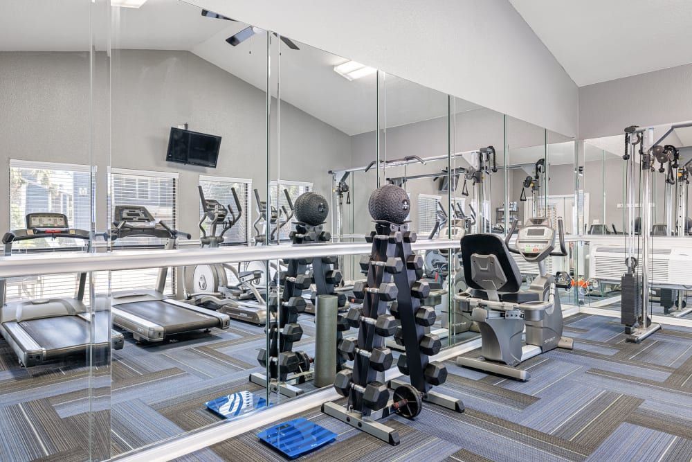 Modern gym interior with a variety of exercise equipment including treadmills, stationary bikes, weight machines, and a dumbbell rack, under bright lighting with mirrors on the walls at Austin Midtown in North Austin, TX.