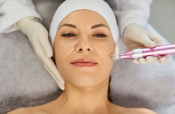 Facial treatment with a gloved practitioner holding a pink microneedling device to a client's cheek