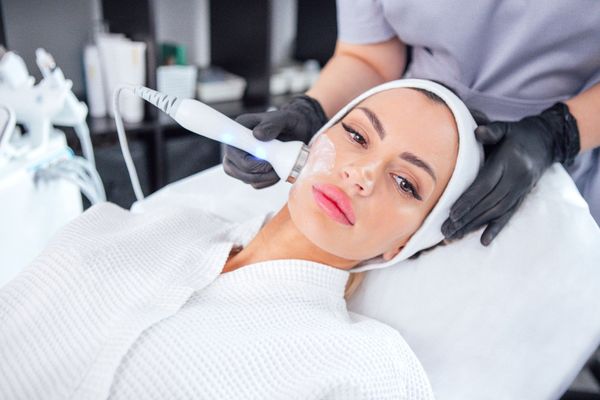 Woman receiving a facial treatment with a brush in a spa-like setting
