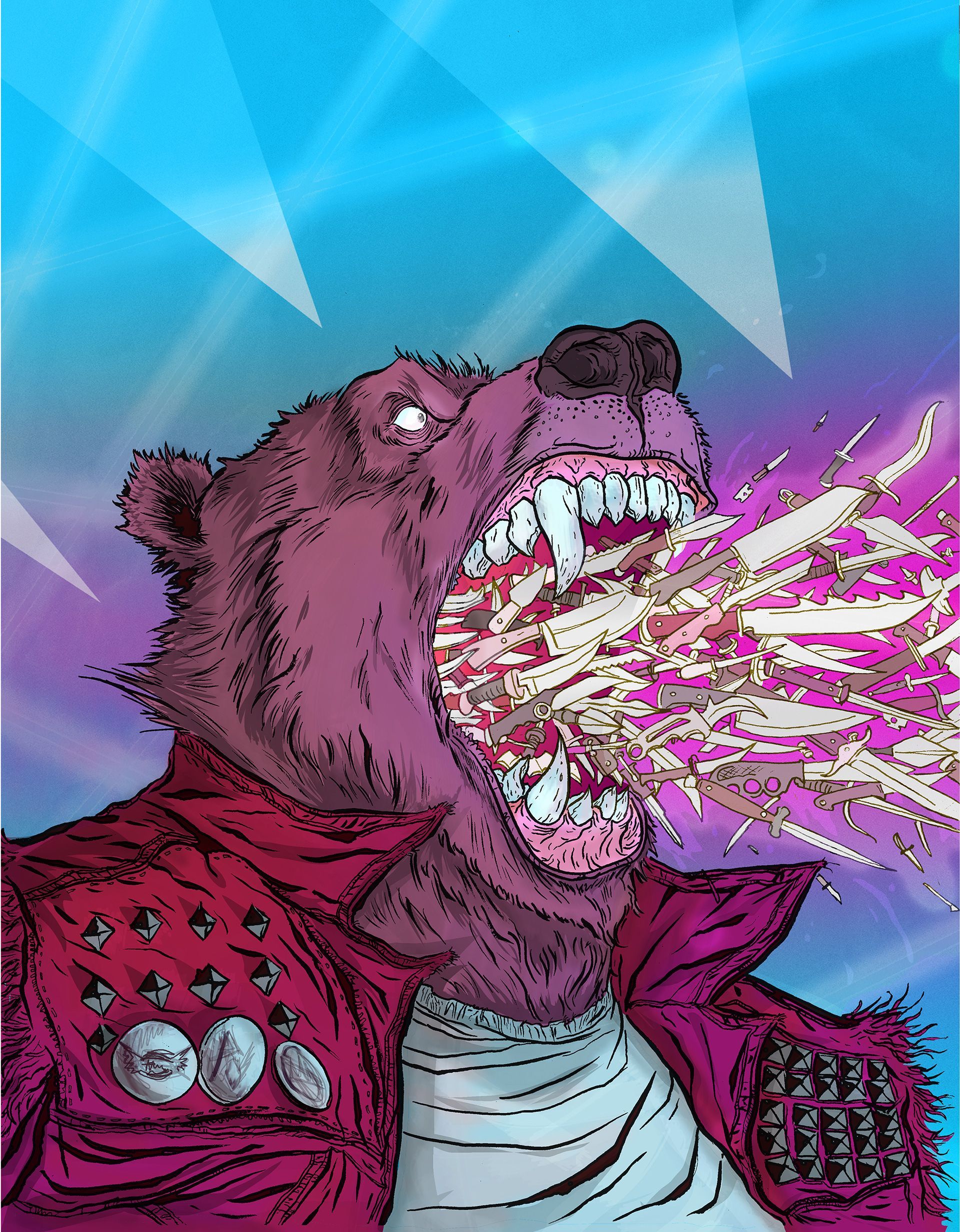 Creature concept art of a punk rock bear in a red jacket, roaring and shooting multiple blades from its mouth.