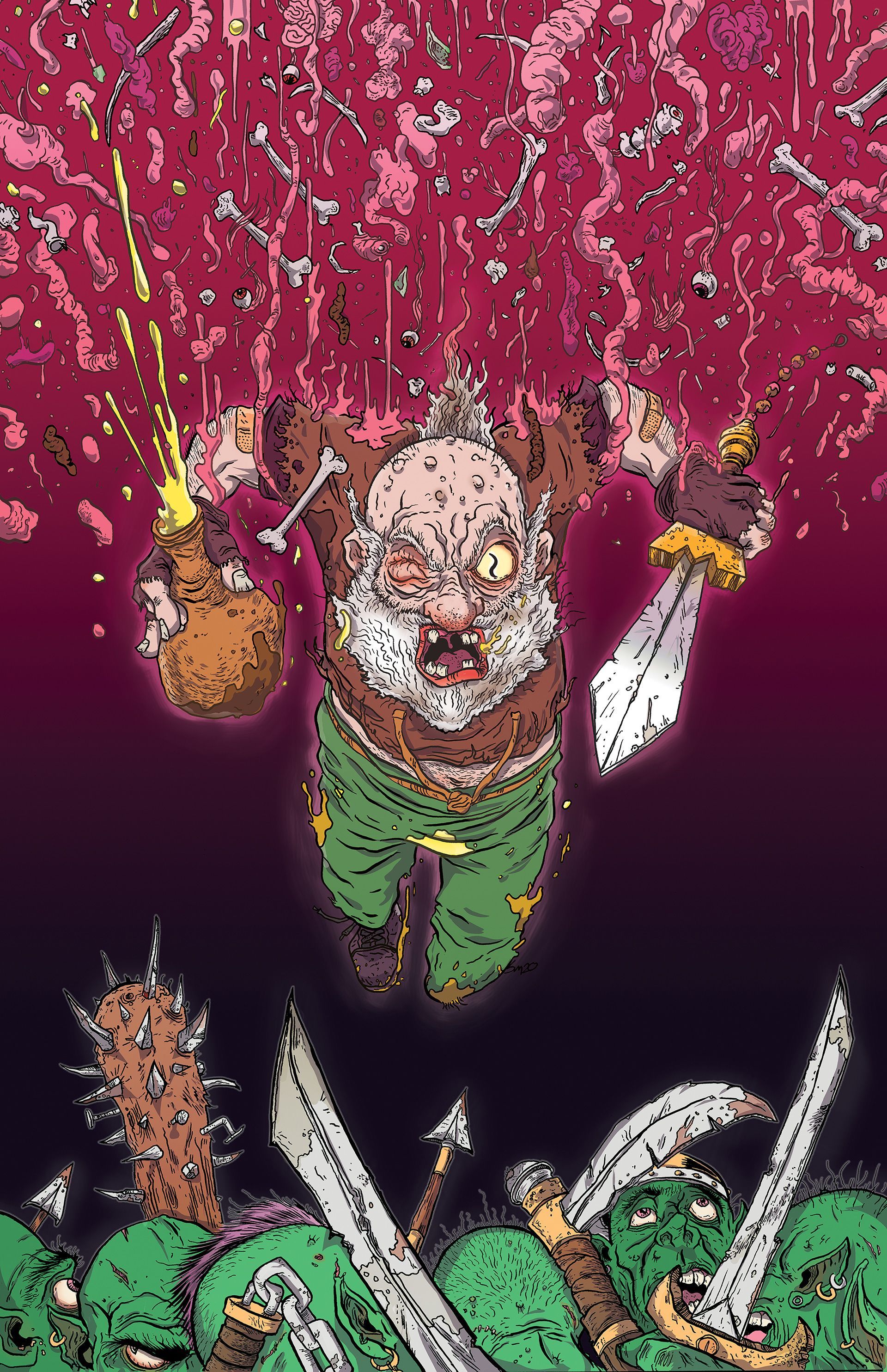 a wild, one-eyed Rhody with a beard, holding a sword and a bottle, crashing down on goblin heads.