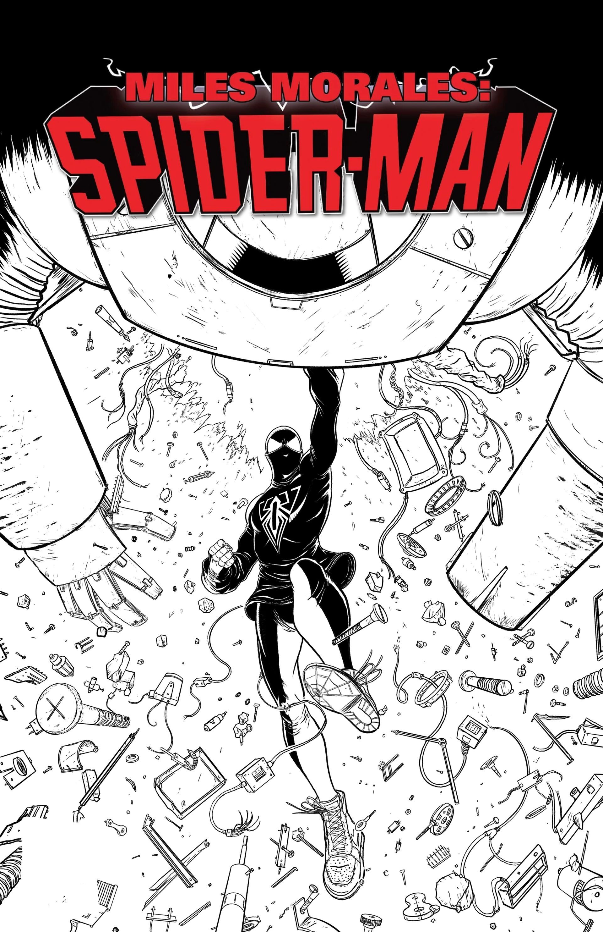 Black and white Marvel Comics cover for Miles Morales: Spider-Man, showing him punching a robot amidst flying debris.