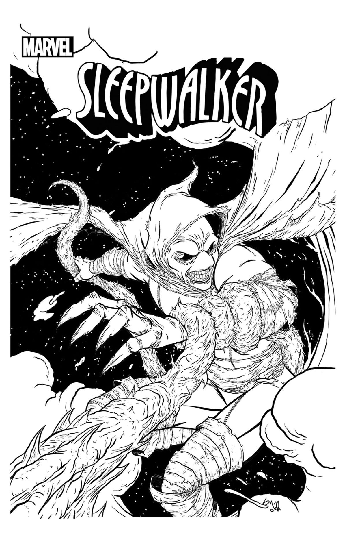 A black and white cover art for the Marvel character Sleepwalker sequential art sample. 