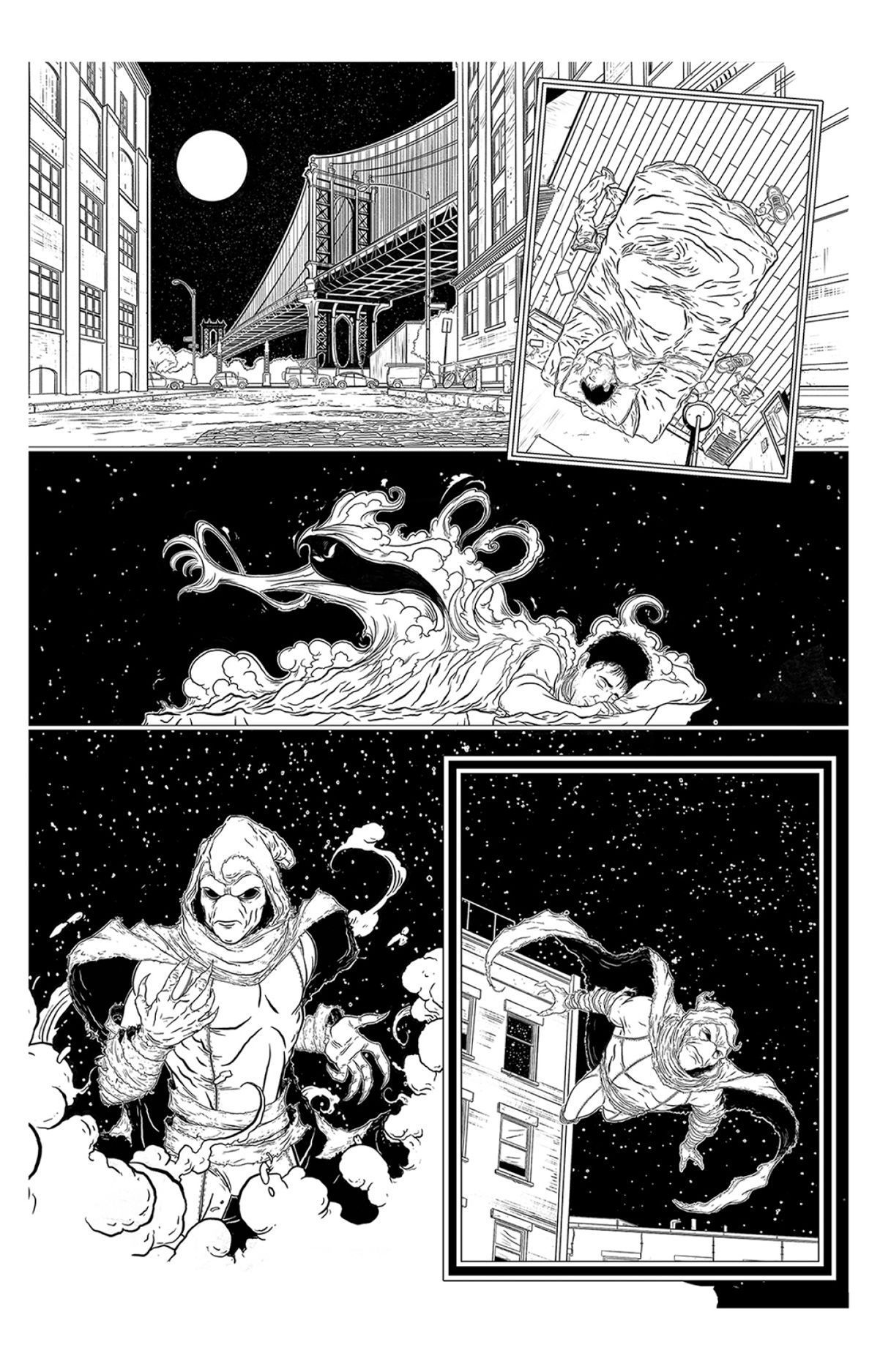 Page one of the Sleepwalker sample. the character transforms from his Brooklyn bridge home. 