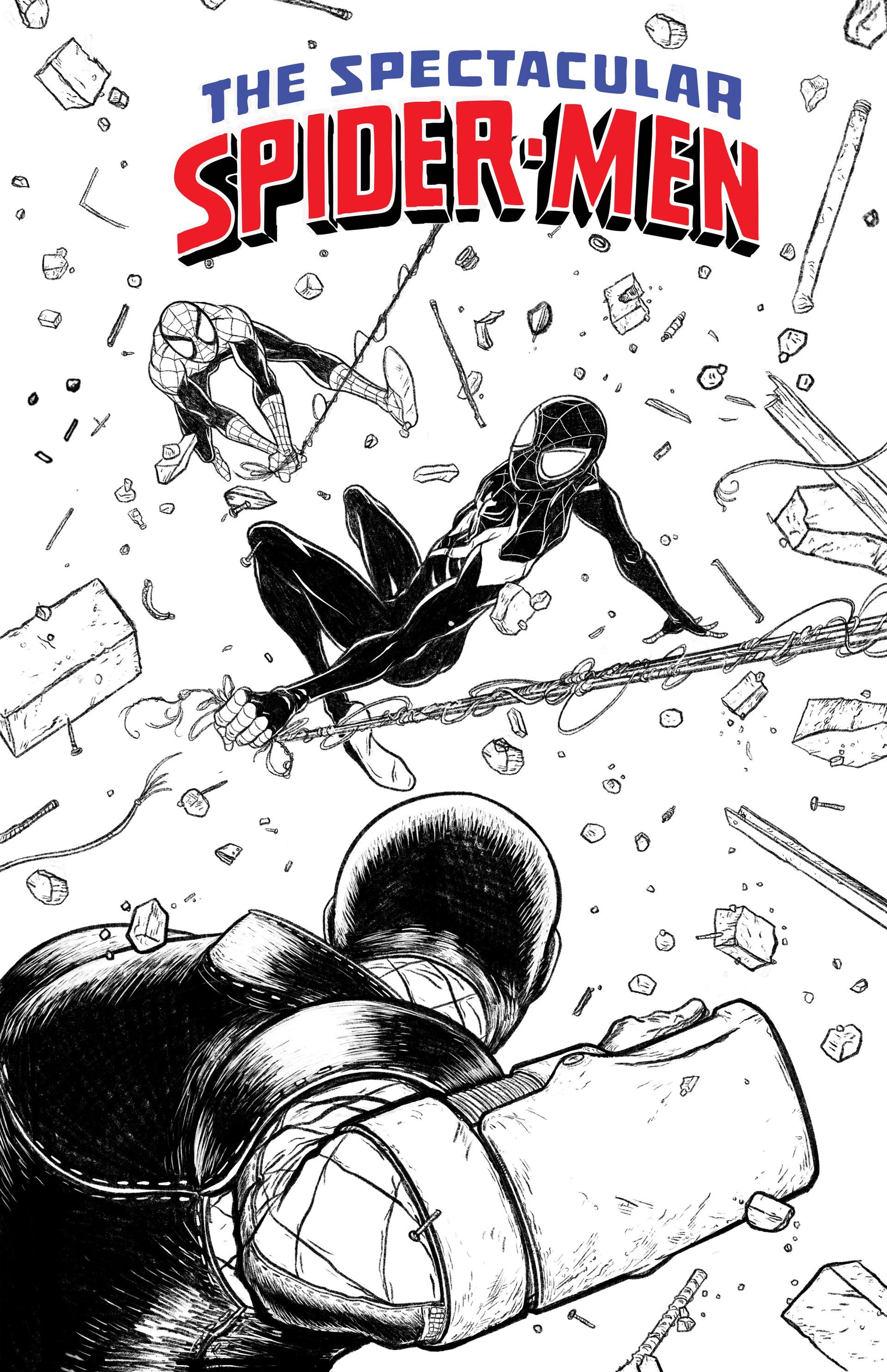 A black and white drawing of spider-men Peter Paker and Miles Morales fighting Shocker comic book cover.