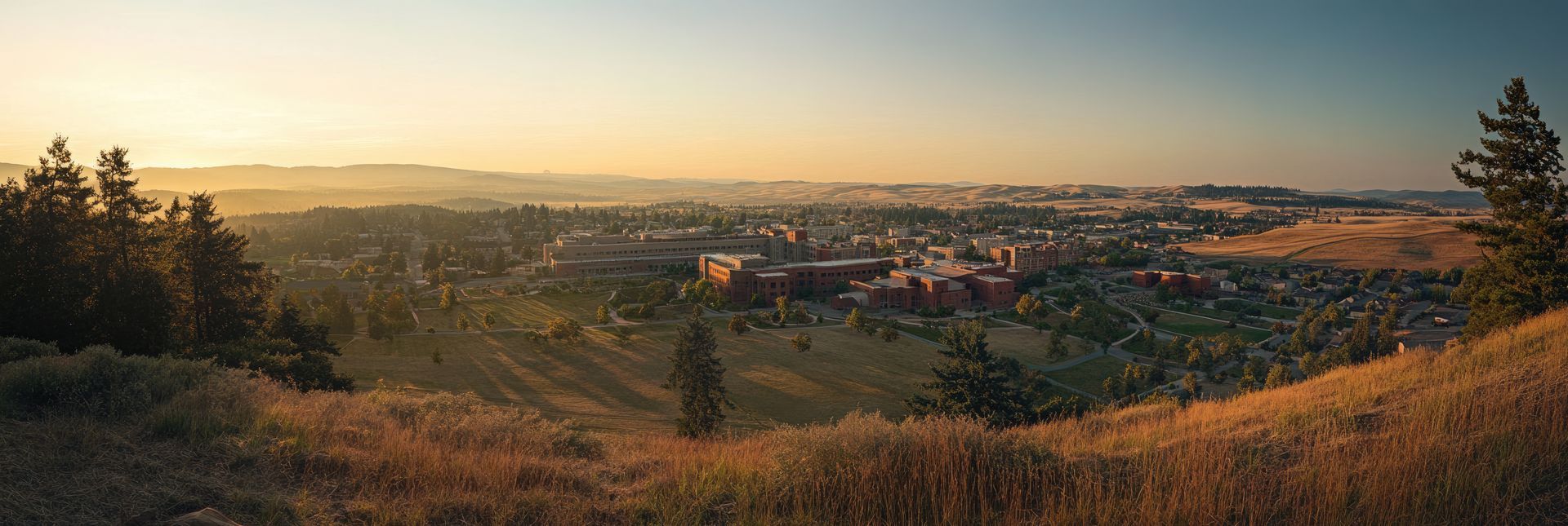 Sunset view over a valley town with trees and dry hills in the foreground