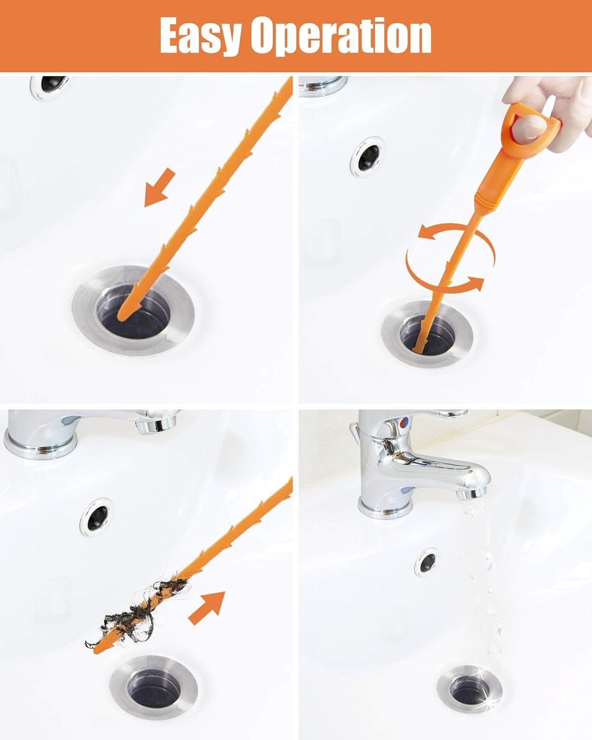 A drain cleaning tool being used in a sink to remove hair and debris.