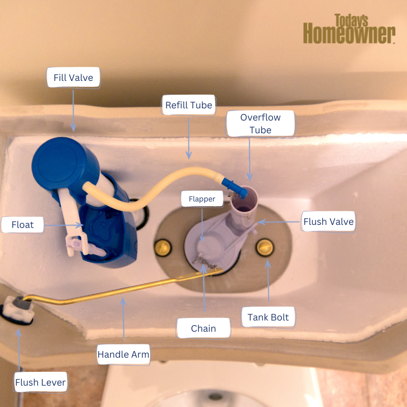 Diagram of toilet tank components with labels like fill valve, flapper, and flush lever.