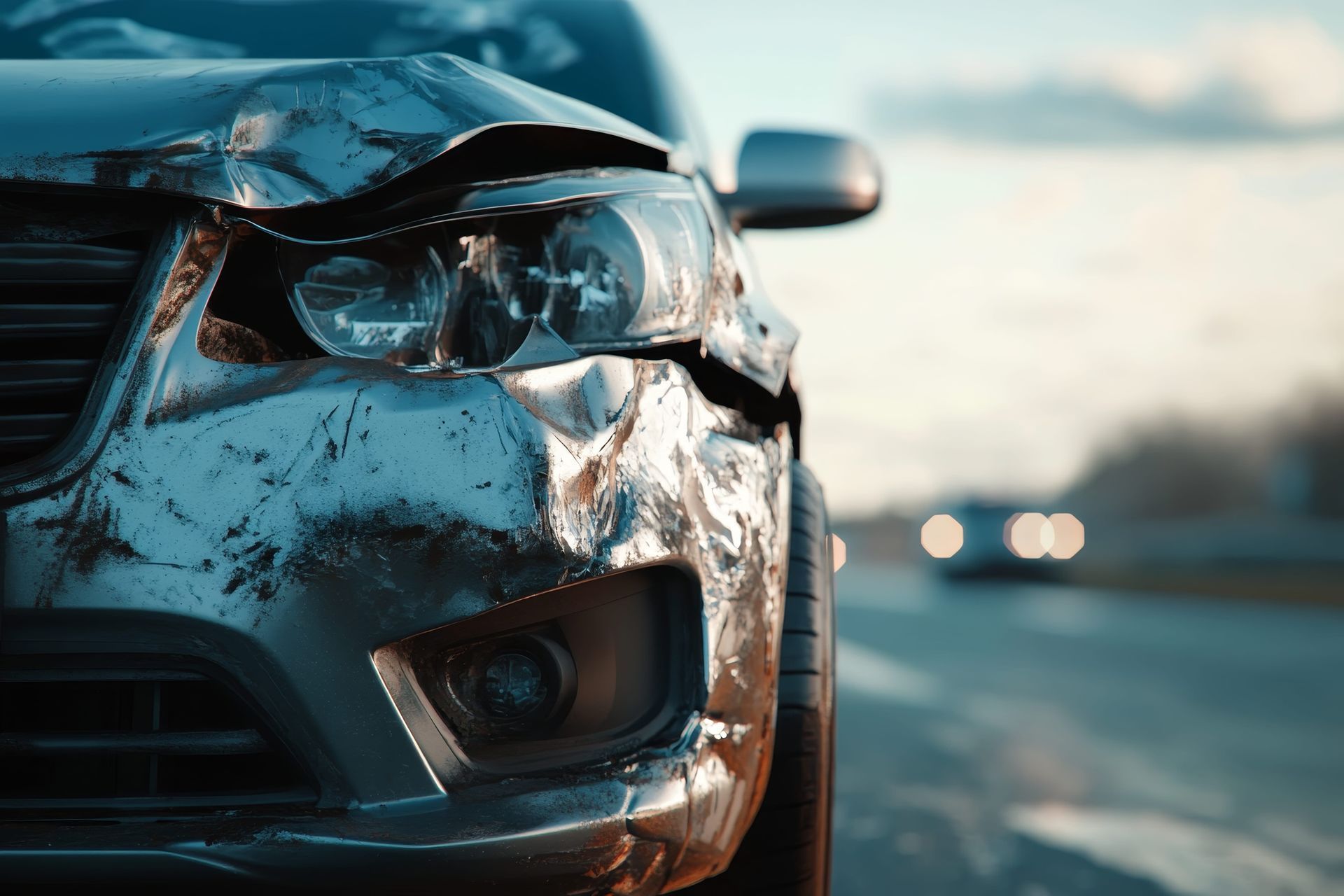 Damaged silver car front end after a crash, with a blurred road in the background