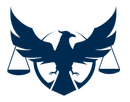 Silhouette of an eagle with outstretched wings, scales of justice, and a shield in dark blue.