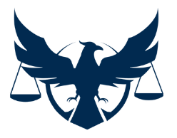 Silhouette of an eagle with outstretched wings, scales of justice, and a shield in dark blue.
