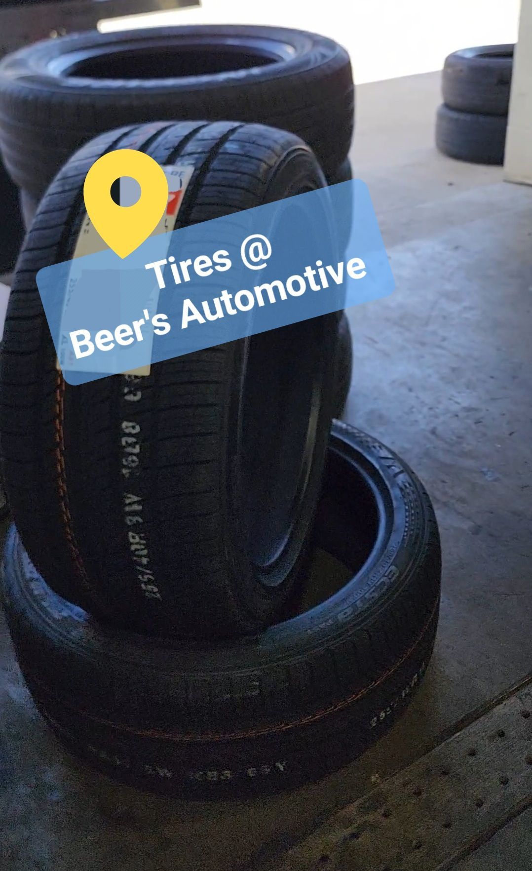 Stacked Car Tires With Beer's Automotive Location Pin | Beer's Automotive Services and Repair