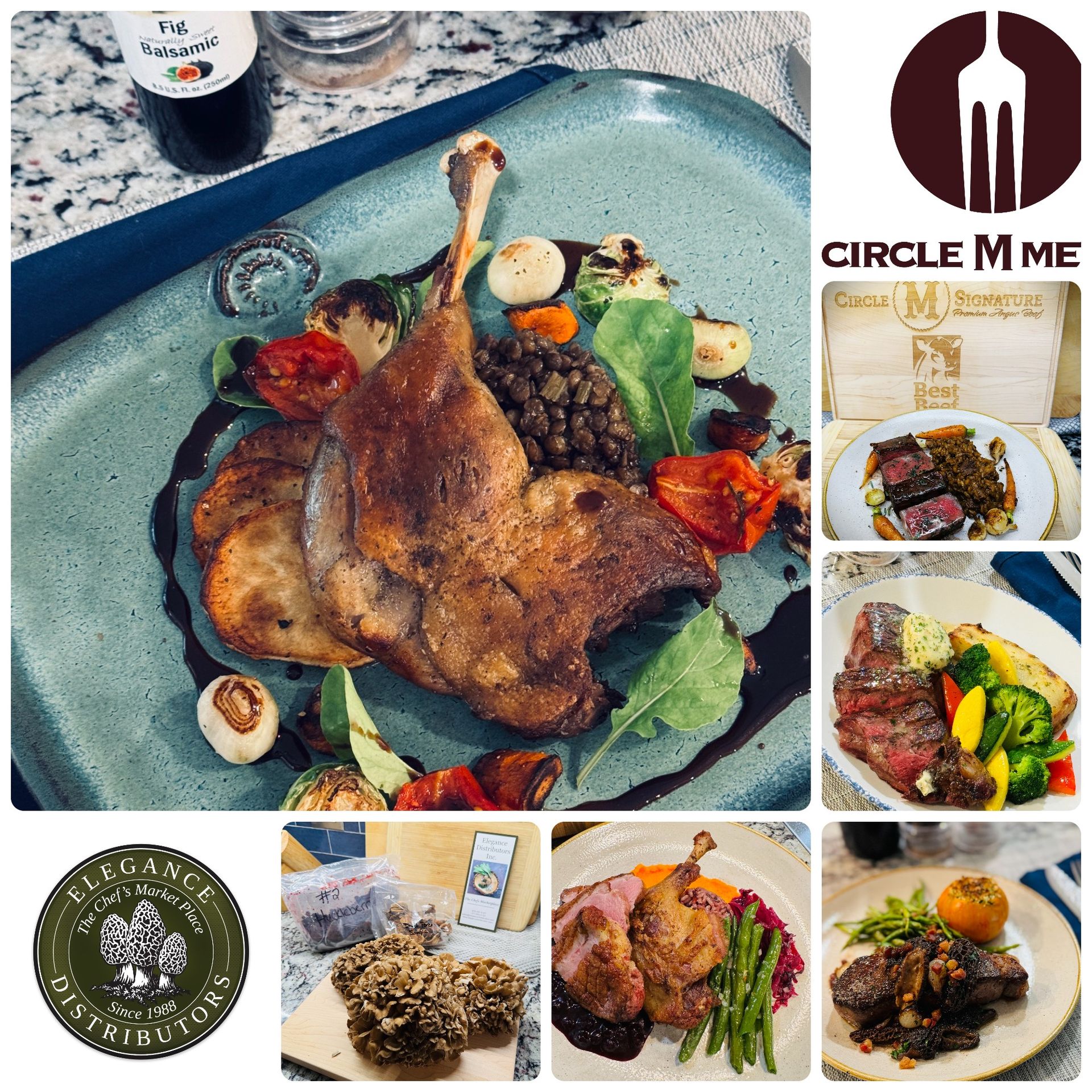 Goose leg, Duck, Dry aged strip steak and Maitake mushrooms from Redbud Duck Co., Circle M Meats and Elegance Distributors.